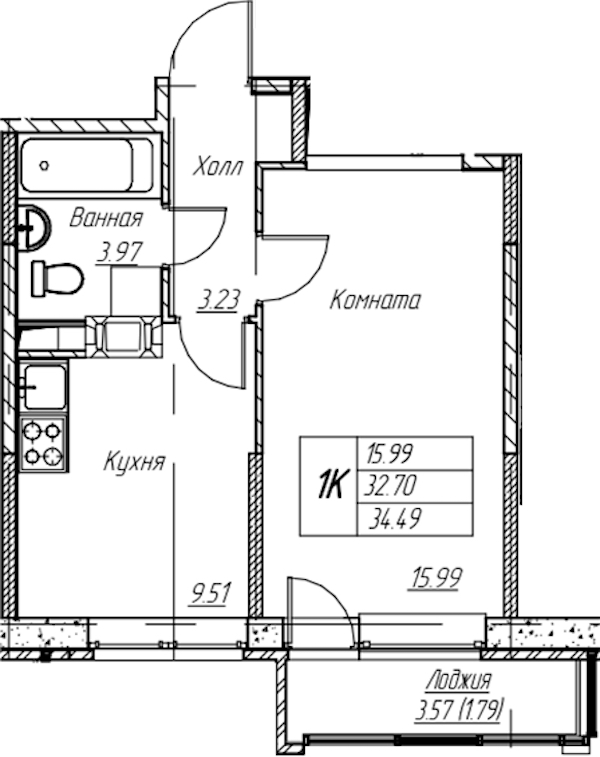1-комнатная квартира 34.49 м², 21/22 эт., ЖК «Парк-квартал Юнтолово»